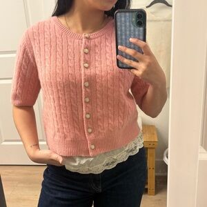 NWT Magaschoni Pink Button-Up Short Sleeve Sweater